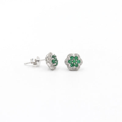 14 Karat Yellow Gold Emerald and Diamond Flower Stud Earrings