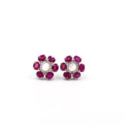 18 Karat White Gold Ruby and Diamond Floral Earrings