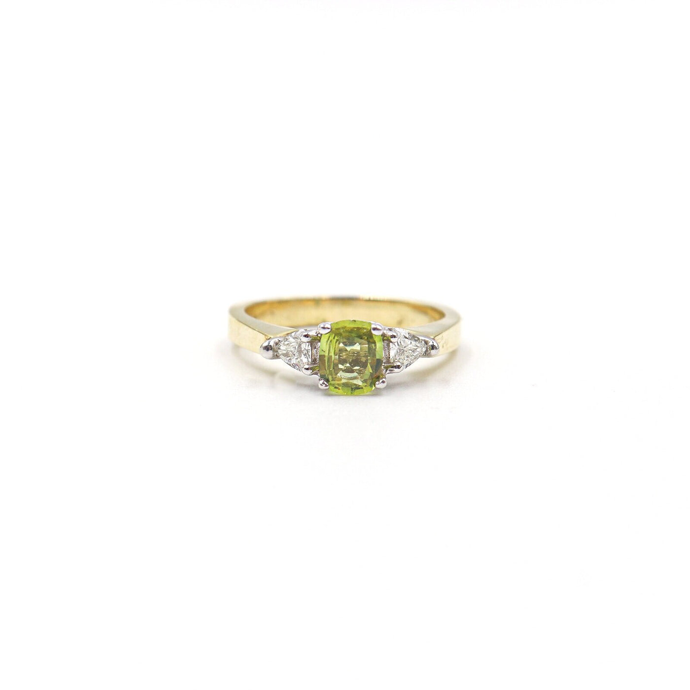 14 Karat Yellow Gold Lime Green Sapphire and Diamond Ring
