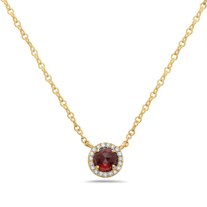 14 Karat Yellow Gold Garnet and Diamond Mini Round Necklace