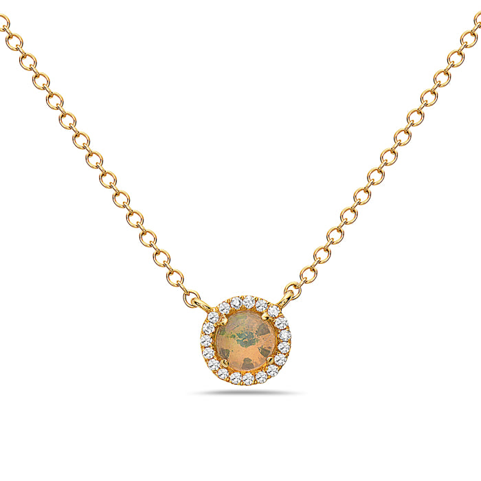 14 Karat Yellow Gold Opal and Diamond Mini Round Necklace