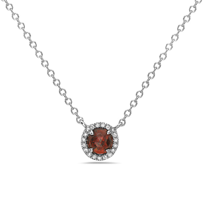 14 Karat White Gold Garnet and Diamond Mini Round Necklace