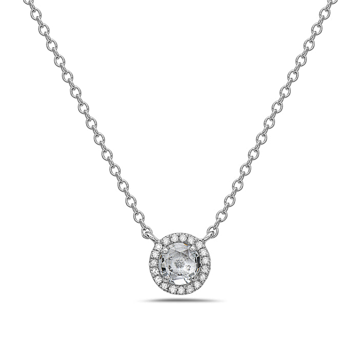 14 Karat White Gold Halo Diamond and Aquamarine Necklace