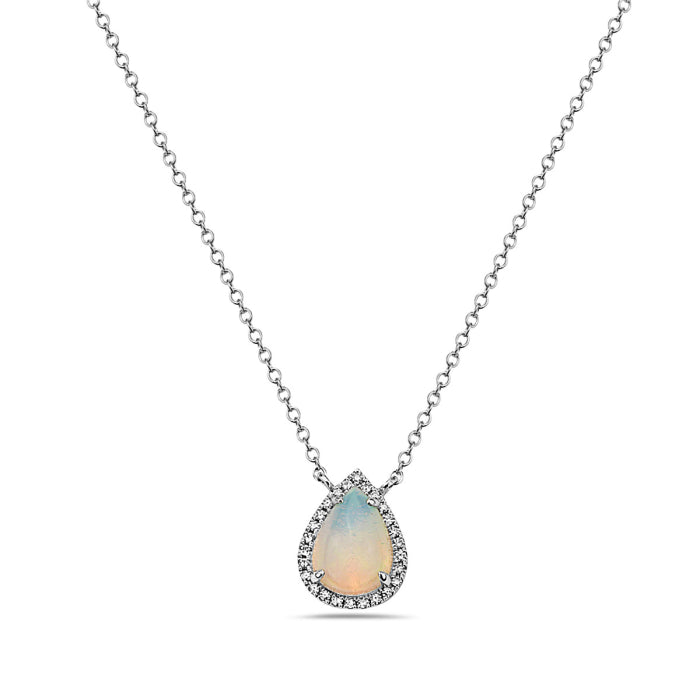 14 Karat White Gold Opal and Diamond Teardrop Necklace