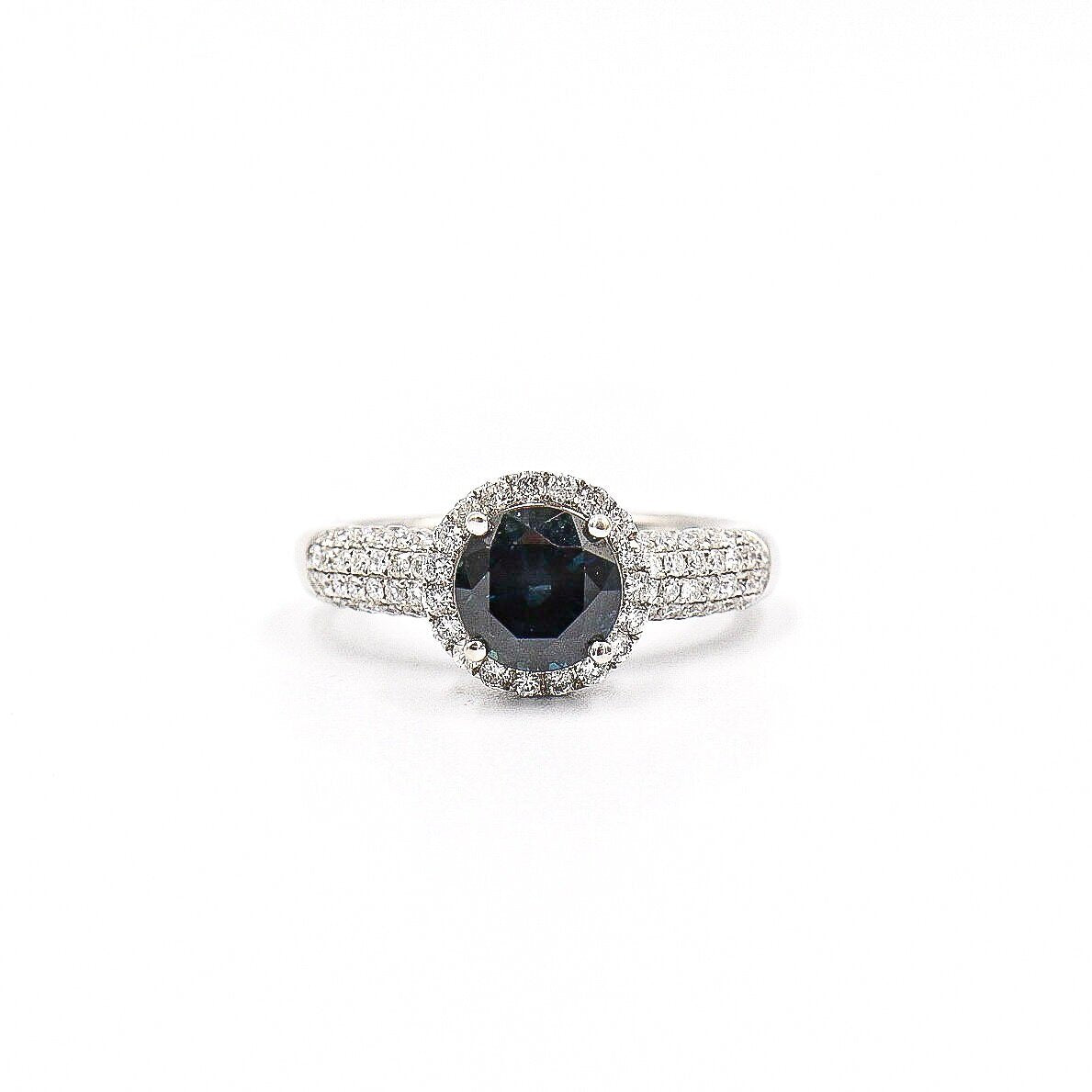 18 Karat White Gold Sapphire and Pave Diamond Halo Ring