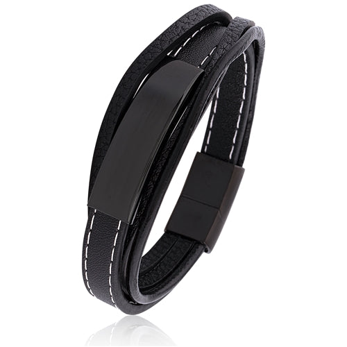Stainless Steel Black Leather Bracelet With Bar