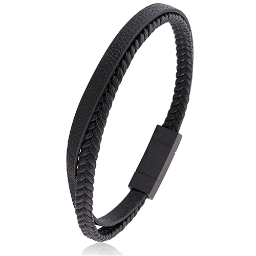 Black Leather Bracelet with Stainless Steel Secure Clasp Lock