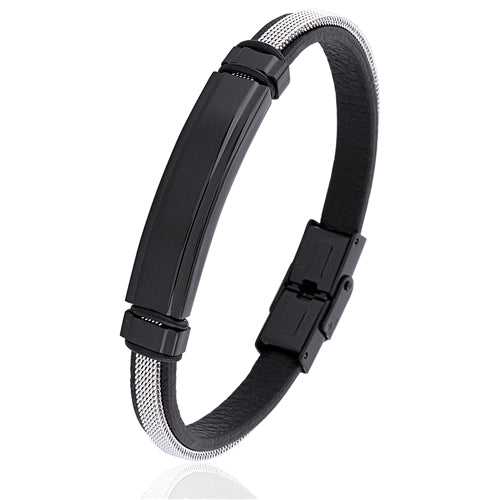 Stainless Steel and Black Leather Bracelet with Plate