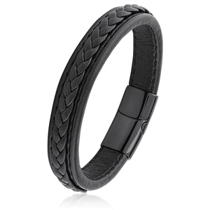 Stainless Steel Black Braided Leather Bracelet