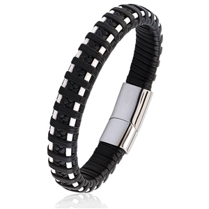 Stainless Steel Black and White Leather Bracelet