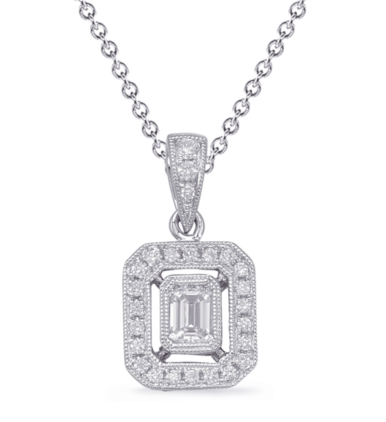 14 Karat White Gold Emerald Cut Diamond Necklace