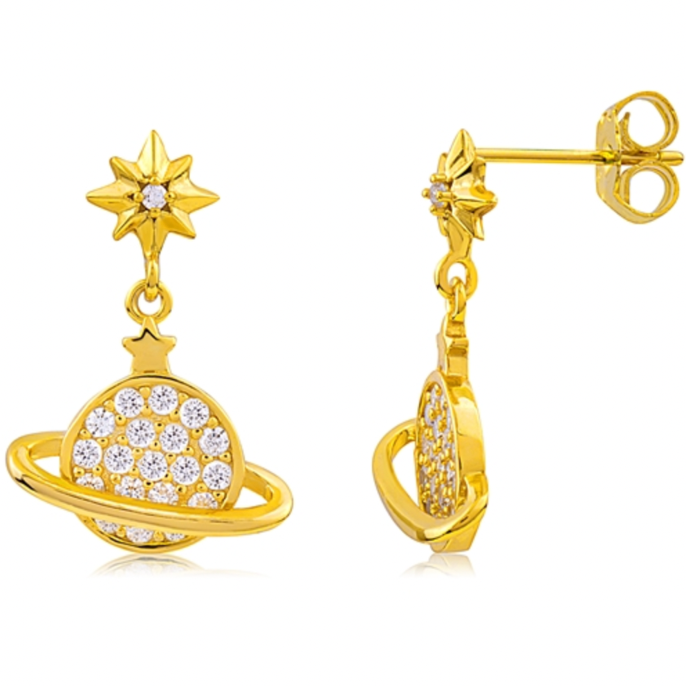 Sterling Silver Cubic Zirconia Gold Plated Planet Earrings