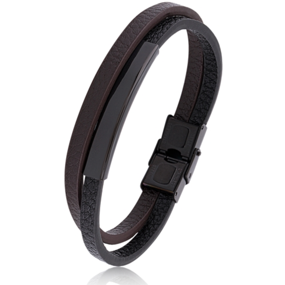 Black and Brown Leather Bracelet with Stainless Steel Plate