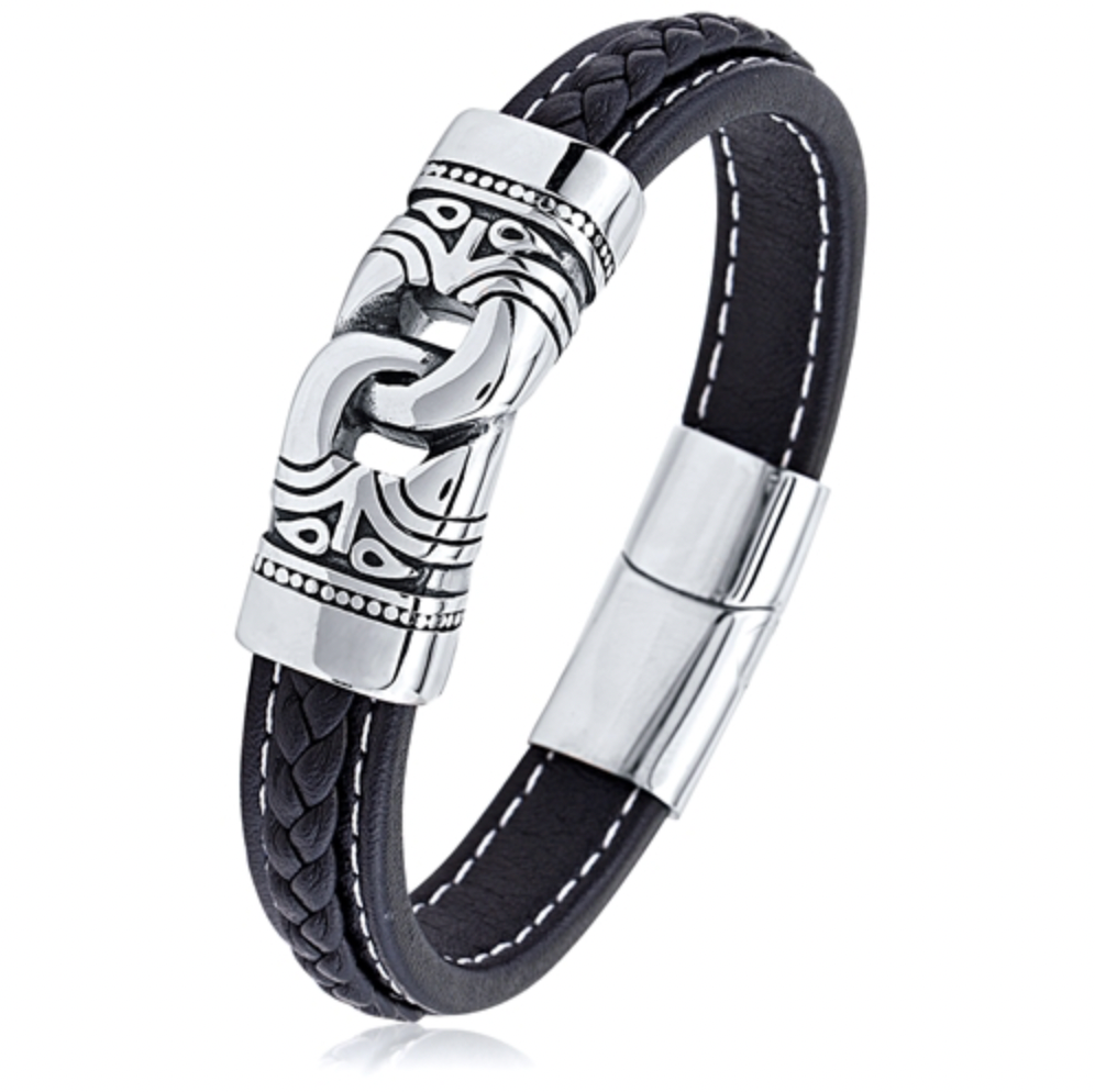 Black Leather Bracelet with Stainless Steel Link