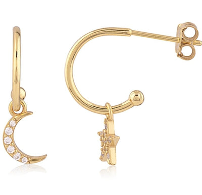 Sterling Silver Gold Plated Star and Moon Hoops