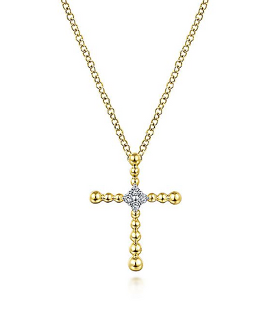 GABRIEL & CO. 14K Yellow Gold Beaded Diamond Cross Necklace