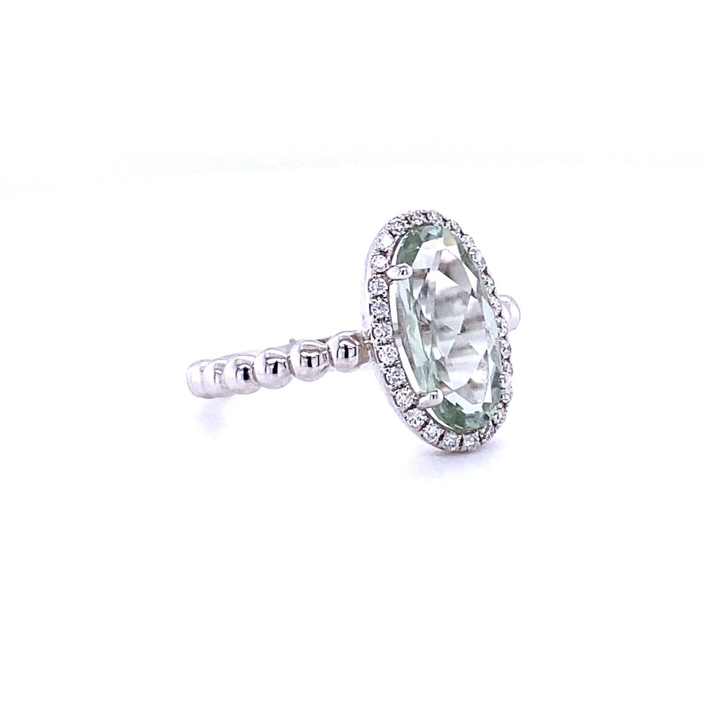14 Karat White Gold Oval Green Amethyst and Diamond Ring