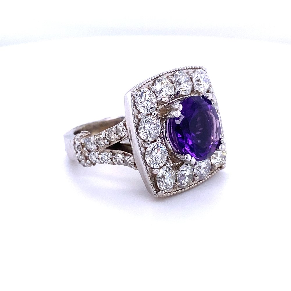 14 Karat White Gold Amethyst and Diamond Square Halo Cocktail Ring