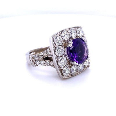 14 Karat White Gold Amethyst and Diamond Square Halo Cocktail Ring