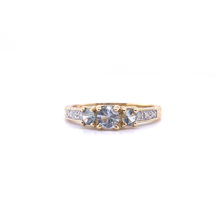 14 Karat Yellow Gold Three Stone Aquamarine and Diamond Ring