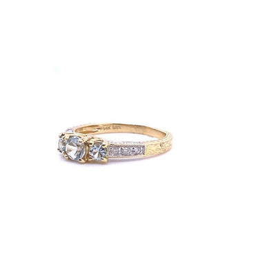 14 Karat Yellow Gold Three Stone Aquamarine and Diamond Ring