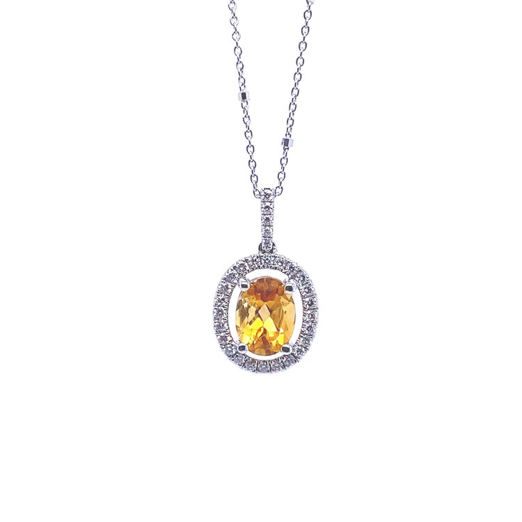 14 Karat White Gold Citrine and Diamond Oval Necklace