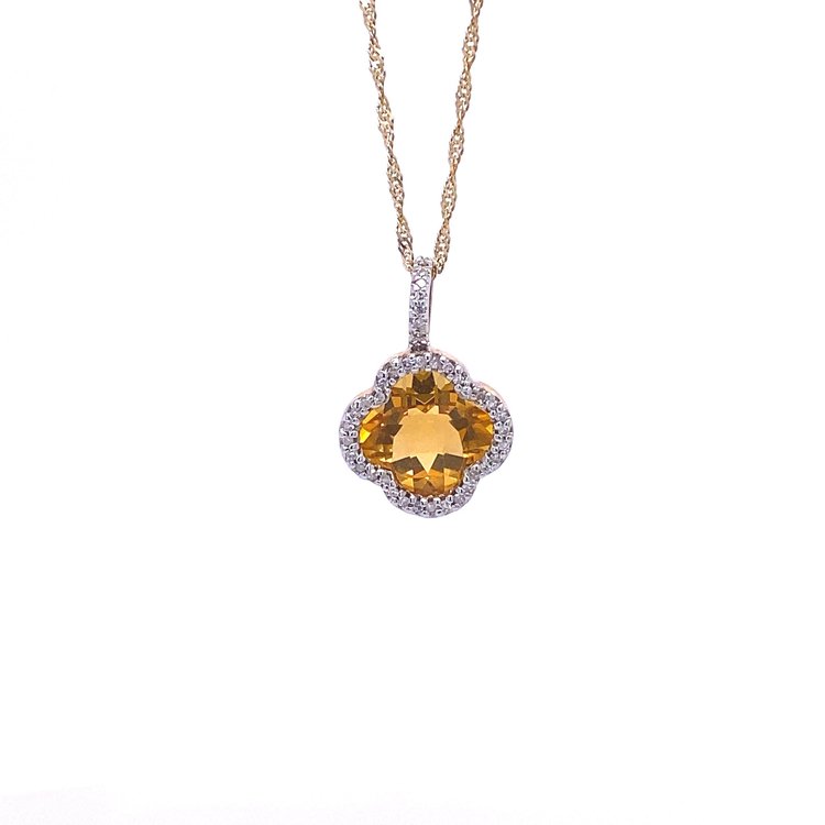 14 Karat Yellow Gold Citrine and Diamond Clover Necklace