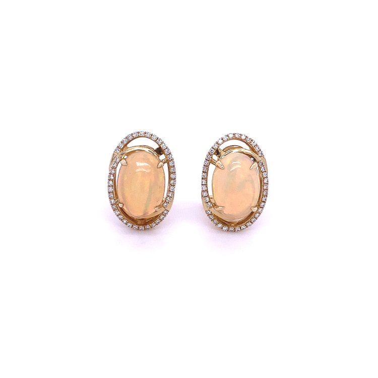 14 Karat Yellow Gold Opal and Diamond Leverback Earrings