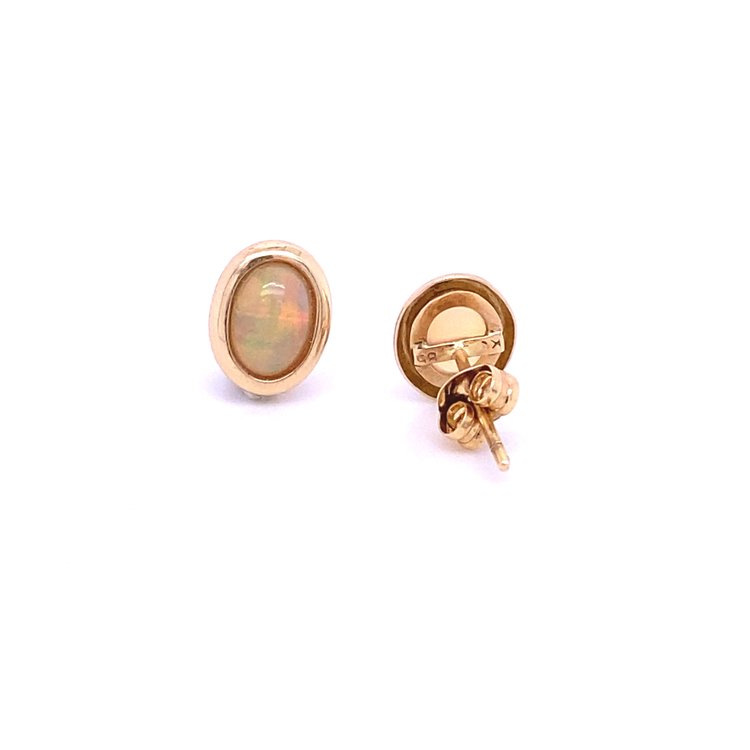 14 Karat Yellow Gold Opal Small Oval Stud Earrings