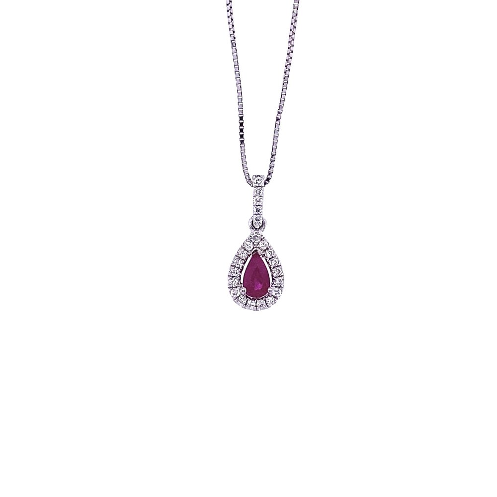 14 Karat White Gold Pear Ruby and Diamond Necklace