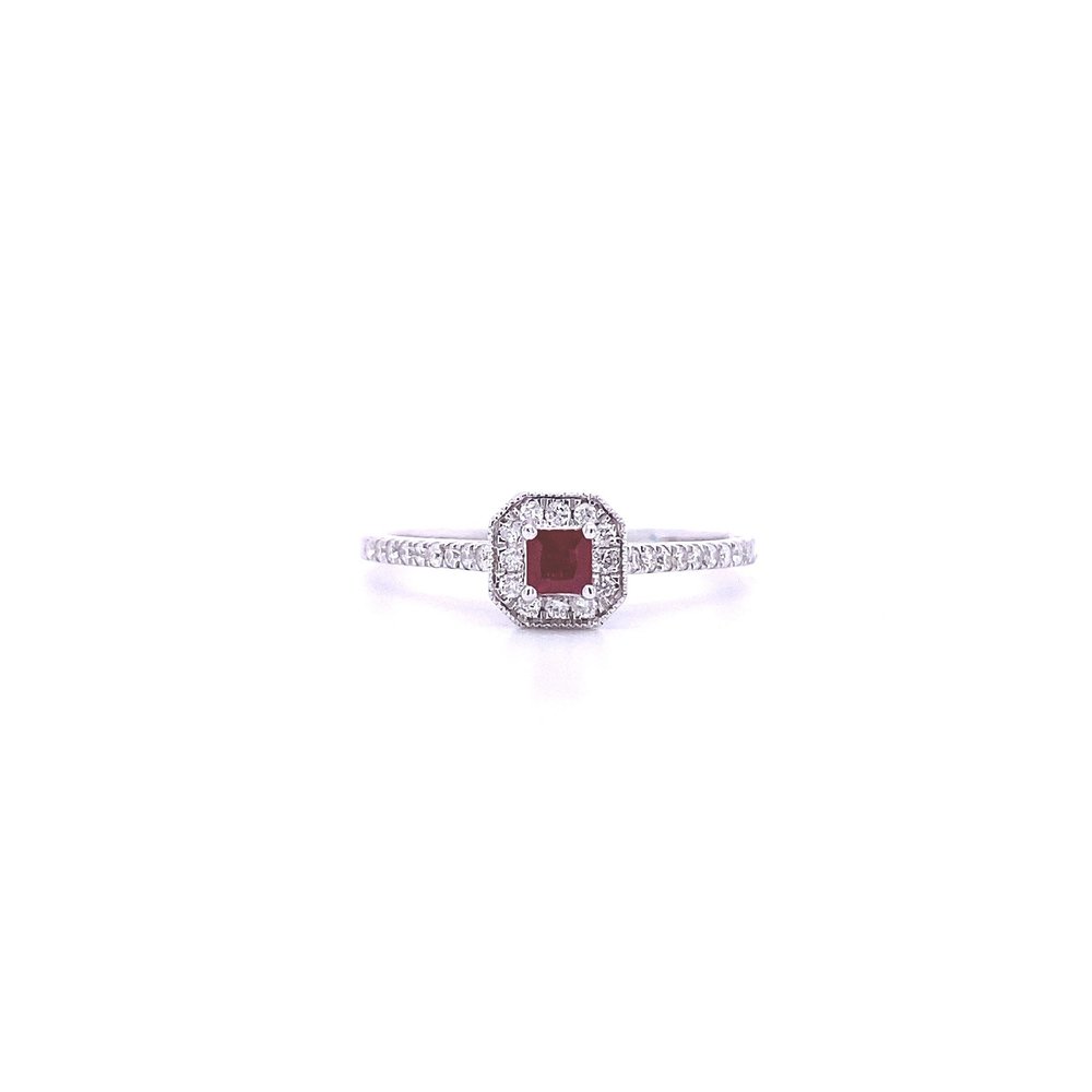 14 Karat White Gold and Ruby Square Halo Ring
