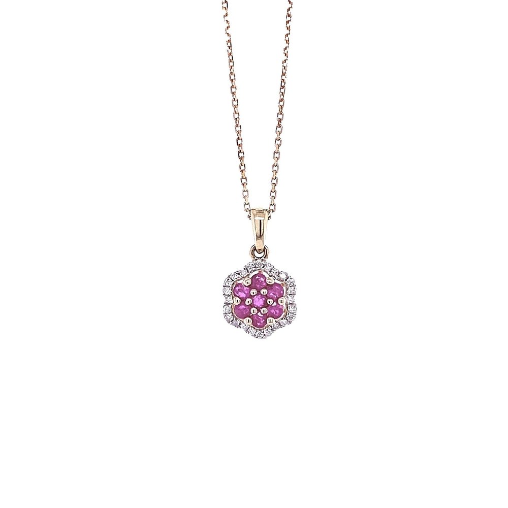 14 Karat Yellow Gold Ruby and Diamond Flower Necklace