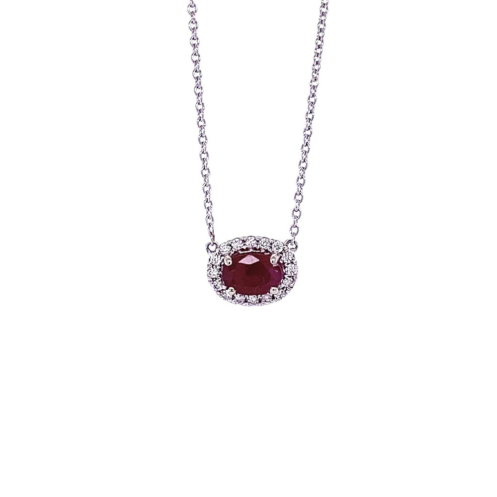 14 Karat White Gold Ruby and Diamond Oval Halo Necklace