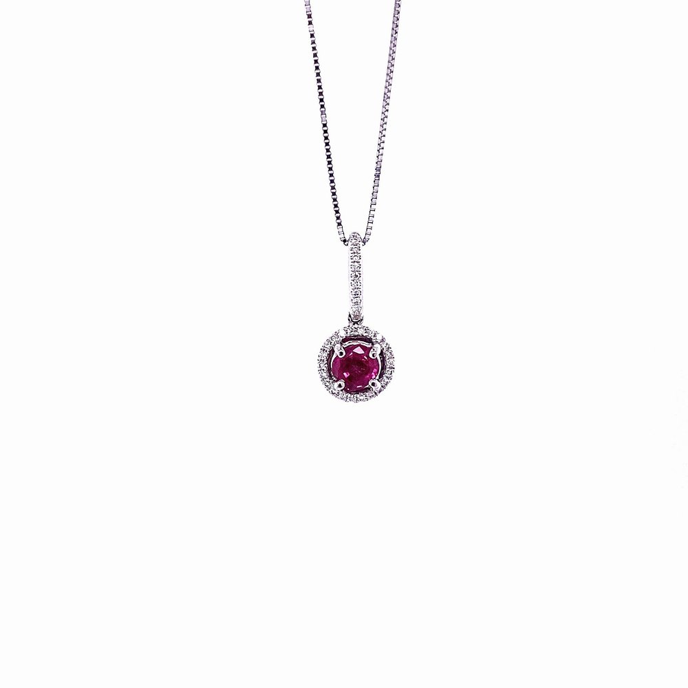 18 Karat White Gold Ruby and Diamond Halo Necklace